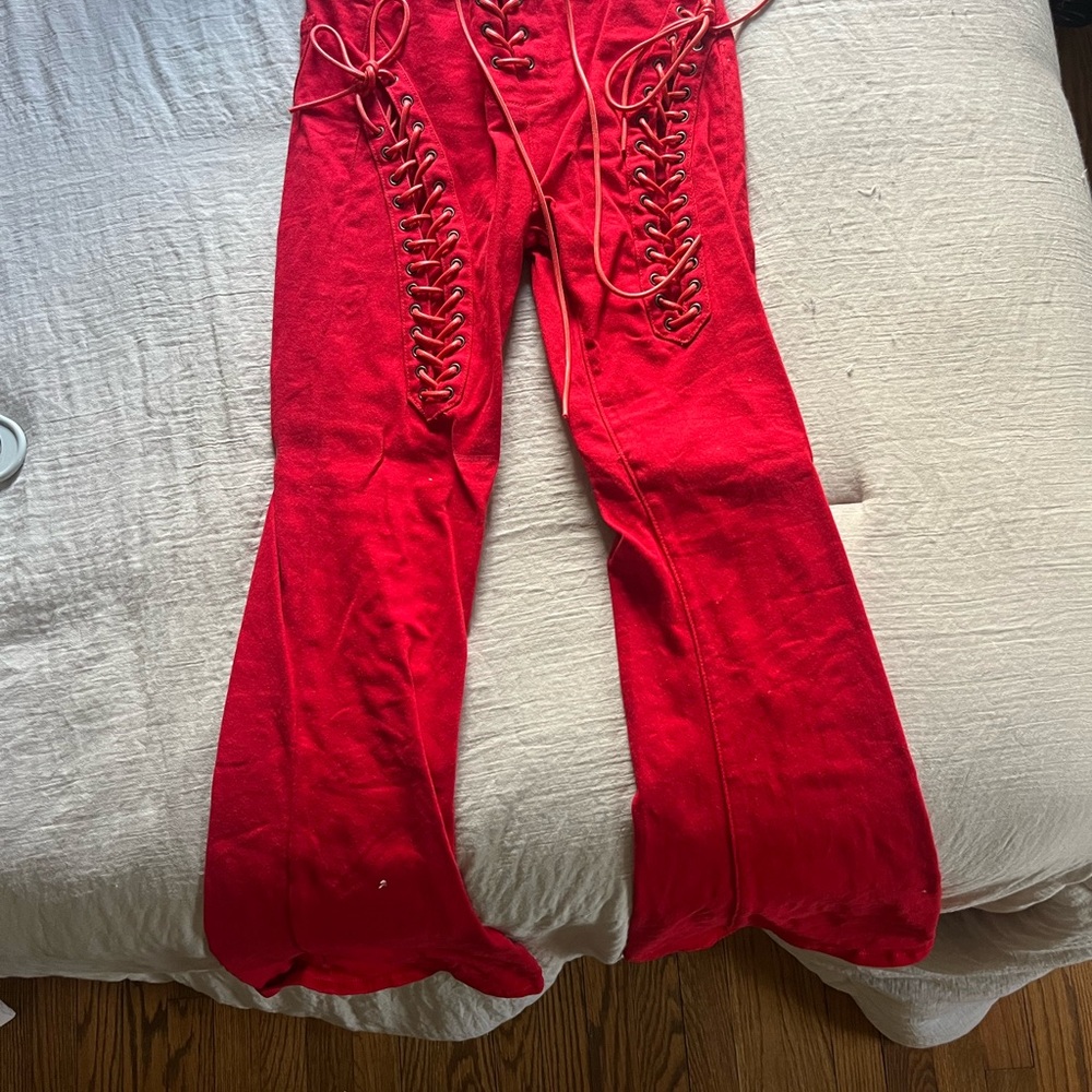 Edikted Red Lace-Up Flare Pants